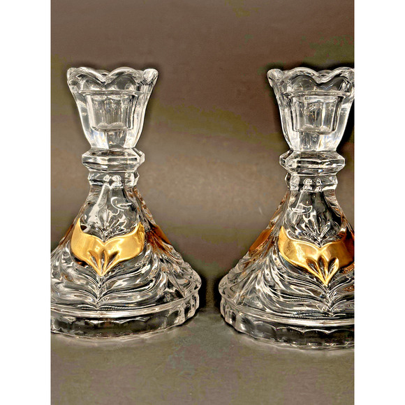 Vintage Set Lead Crystal CANDLE HOLDERS Gold Wing Design Anna Hutte Bleikristall - Picture 12 of 16